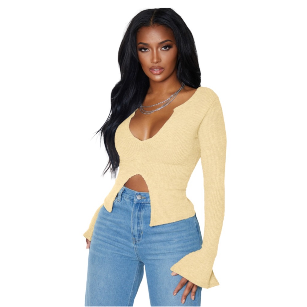 Yellow flare sleeve top from PRETTYLITTLETHING!